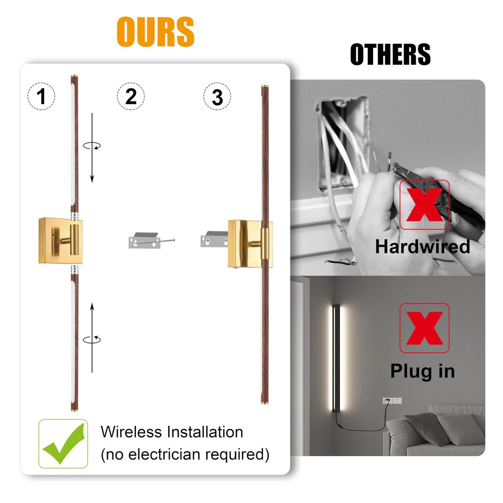 Walnut Battery Operated Wall Sconce with Remote Control, Rechargeable Wall Sc...