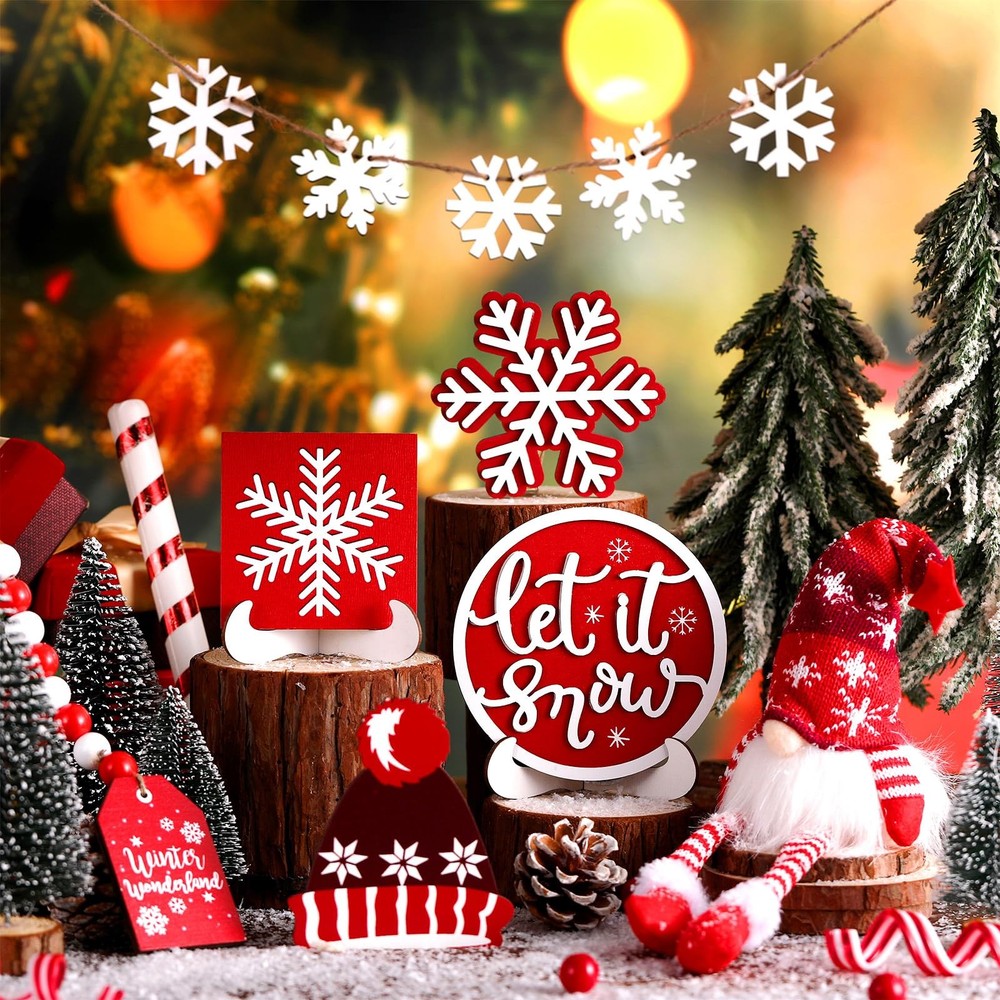 16 Pcs Winter Tiered Tray Decor Snowflake Rustic Gnome Plush Winter Tray Deco...
