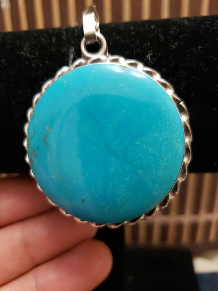 Turquoise And Sterling Silver Round Pendant Statement Piece 1.5"