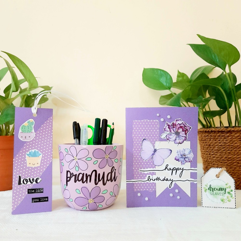 Custom Hand-Painted Pen Holder & Handmade Card Gift Set – Customizable
