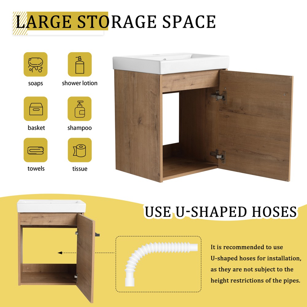 18in Wall-Mounted Small Bathroom Vanity Cabinet W/ Undermount Ceramic Sink Oak