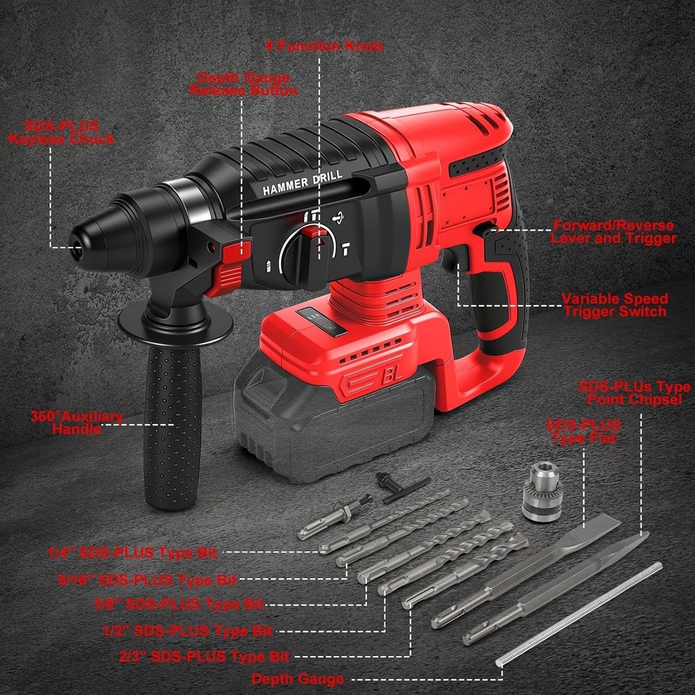 Milwaukee M18 SDS-Plus Rotary Hammer Drill, 4 Modes, 360° Handle, 5 Bits