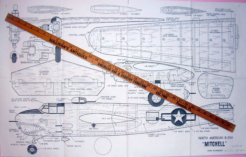 B-25 PLAN + CONSTRUCTION ARTICLE to Build a Profile UC Stunt Model Airplane