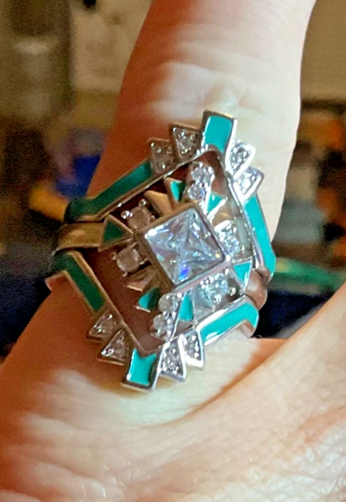 Moissanite Turquoise Bridal Set Ring 3pc Art Deco Silver Size 5.75 Geometric