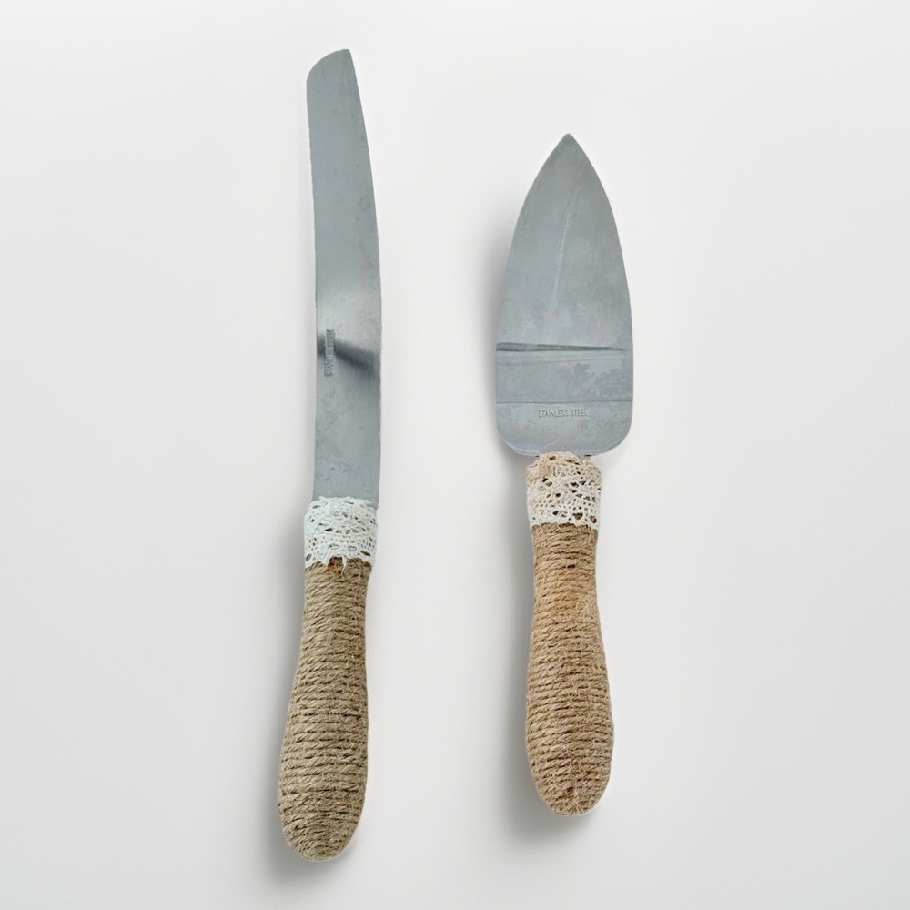 VTG Rustic Cake Server Knife Set Twine Wrapped Handles Stainless