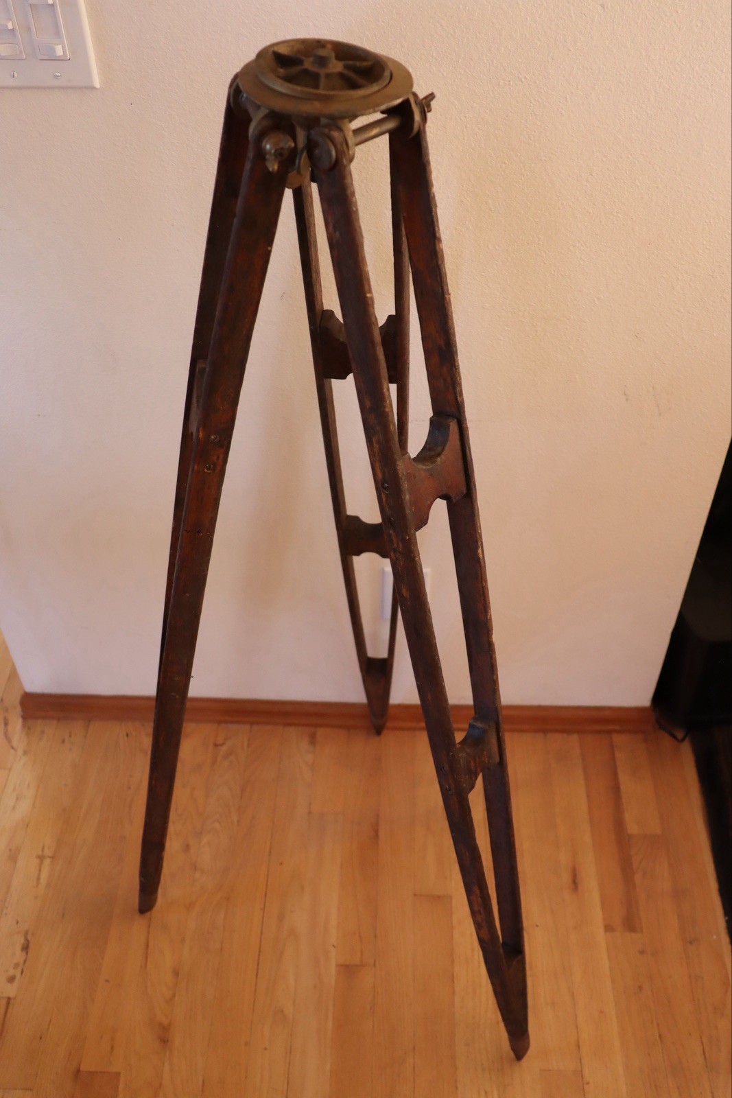 Antique Wood Survey Tripod Oak And Brass