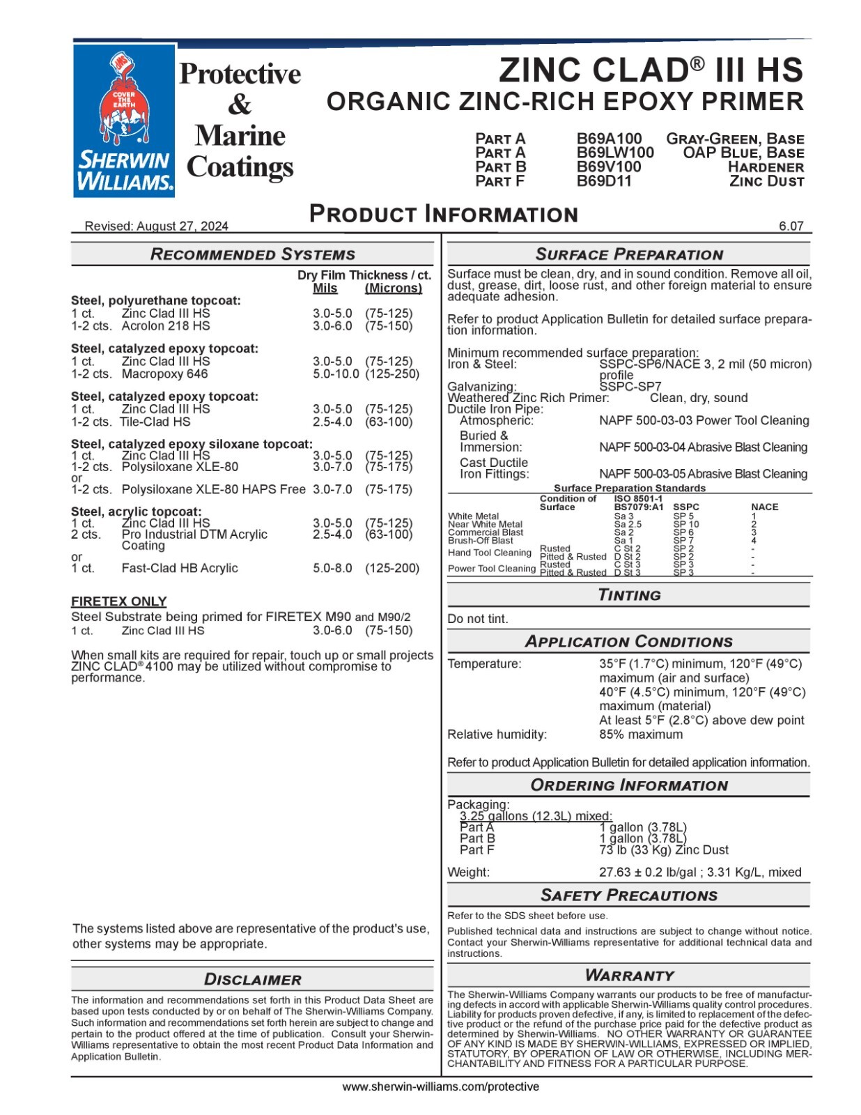 NEW Sherwin-Williams Zinc Clad III HS Epoxy Primer Coating PART A + B for STEEL