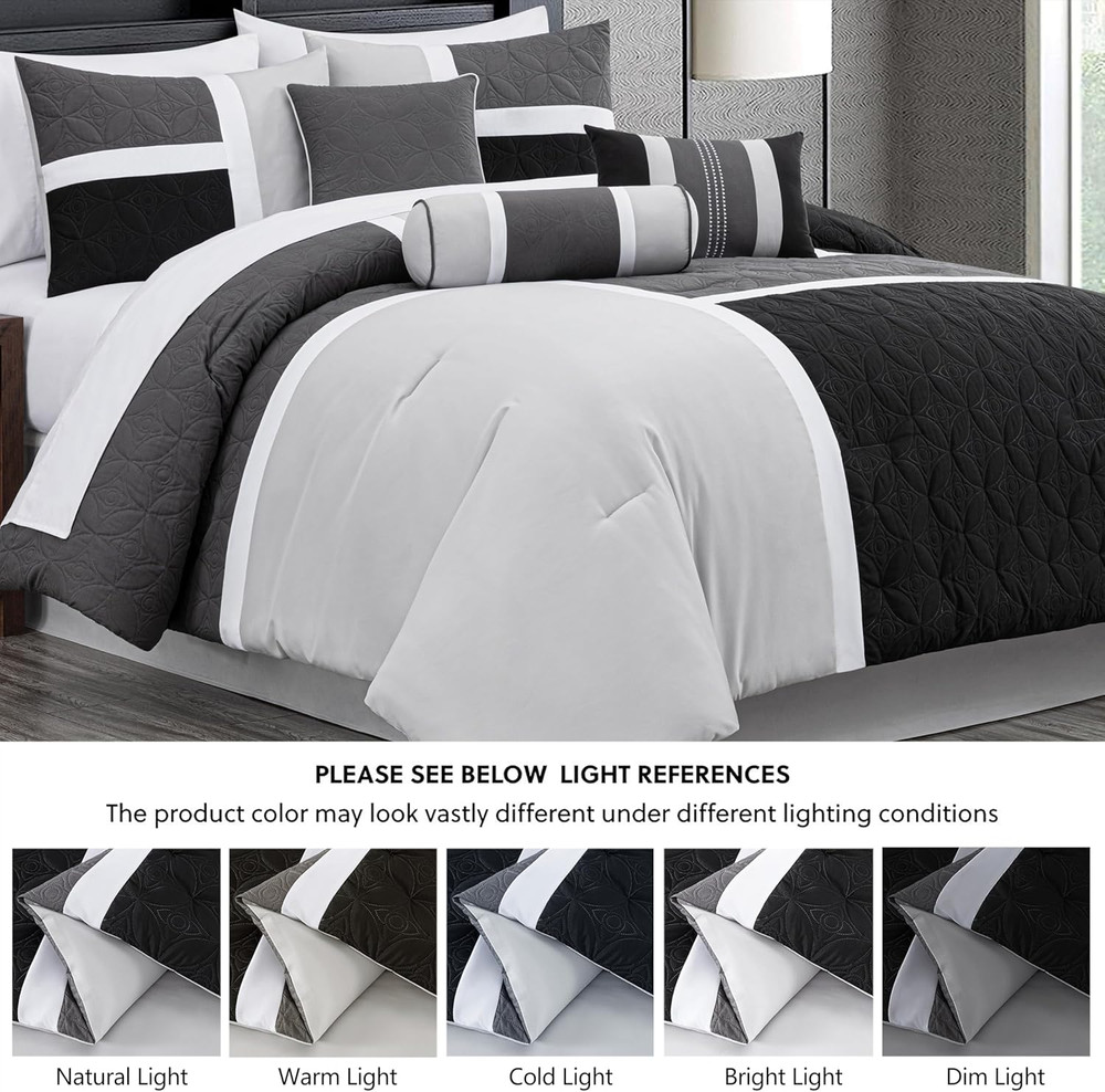 Upland 7-Piece Quilted Patchwork Comforter Set, Black/Gray/Light Gray, Queen