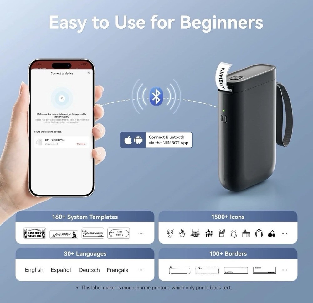 New NIIMBOT Label Maker Printer D11 Label Portable Wireless Connection Blue