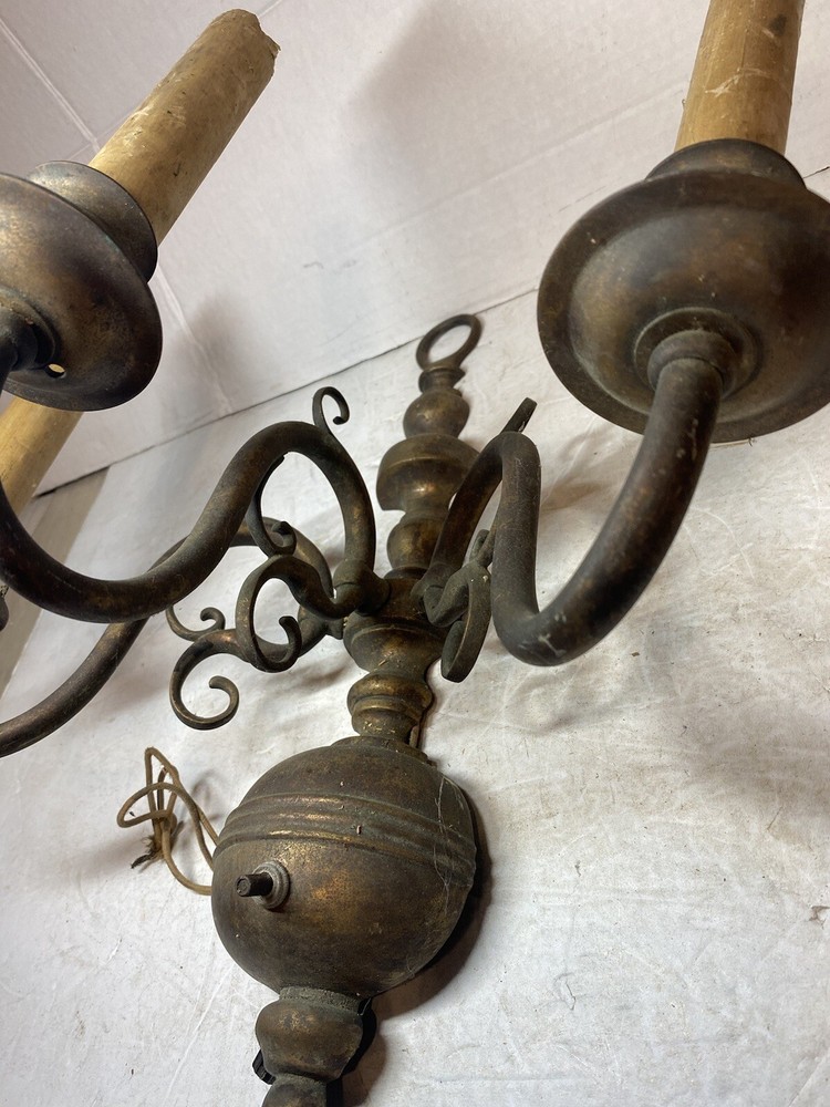 Antique Pair Brass Wall Hanging 3 Socket Light Sconces