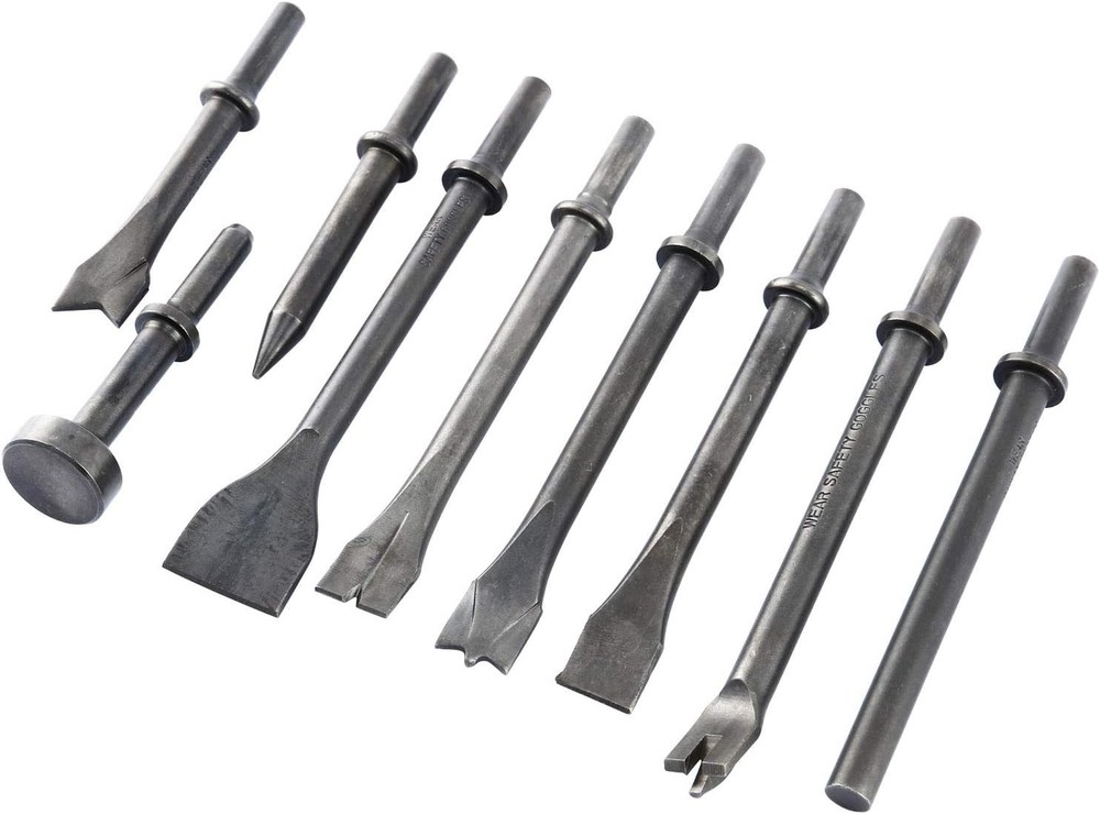 Pneumatic Chisel Set 9pcs Air Hammer Punch Chipping Bits Tool Pointed, Beveled