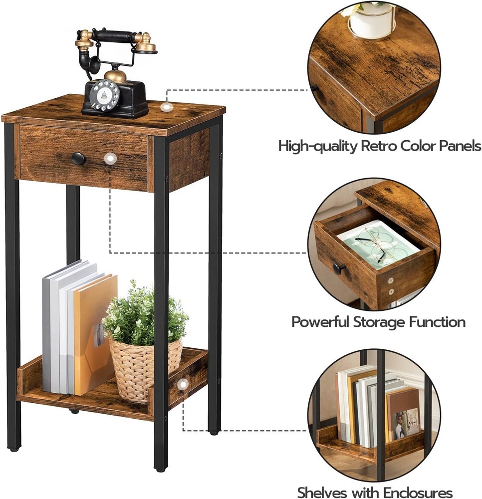 Tall End Table Nightstand Industrial Side Table W/ Drawer & Storage Shelf Study