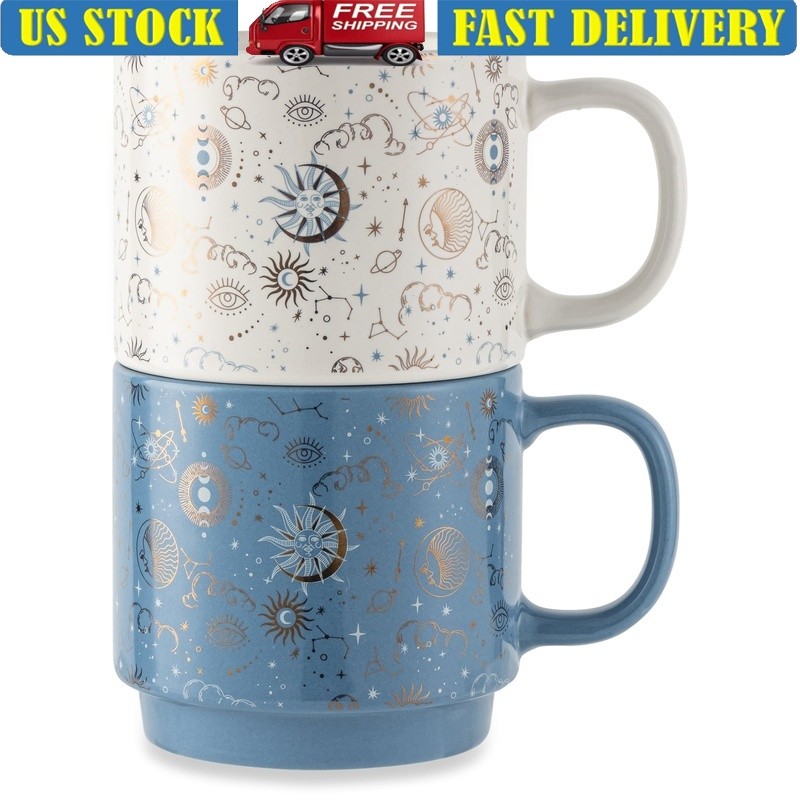 Stacking Celestial Mugs Set 2 Cosmic Pattern Stoneware Coffee Tea Cups New