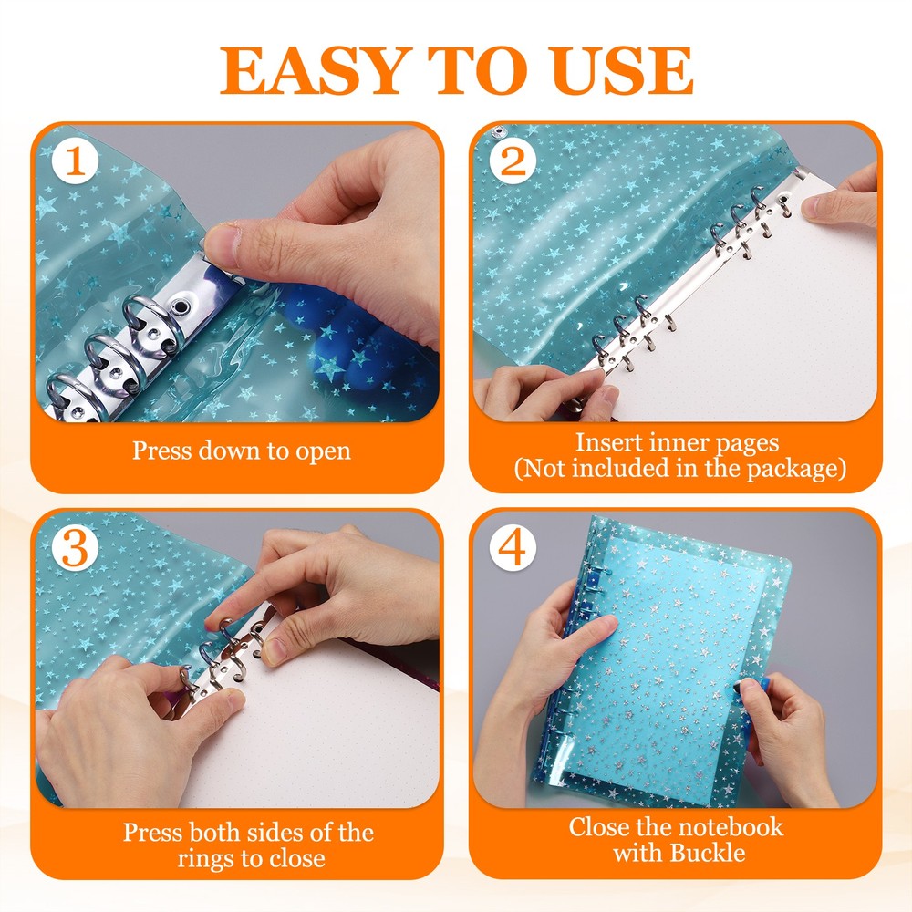 A5 Binder Cover, Stars Refillable Notebook Shell with Snap Button, Blue