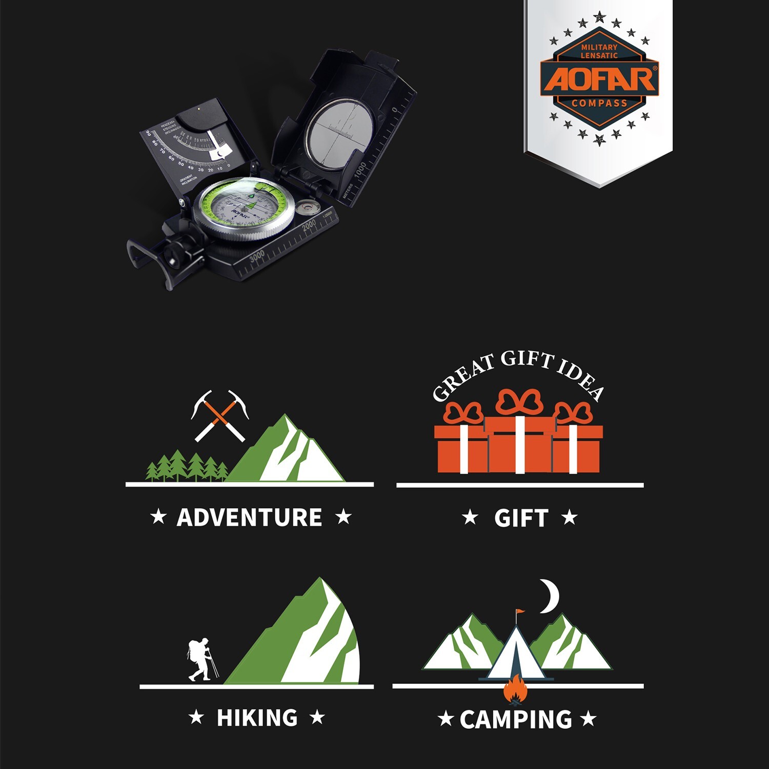 AOFAR Military Compass AF-4074 Hiking Survival Marching Camping Waterproof