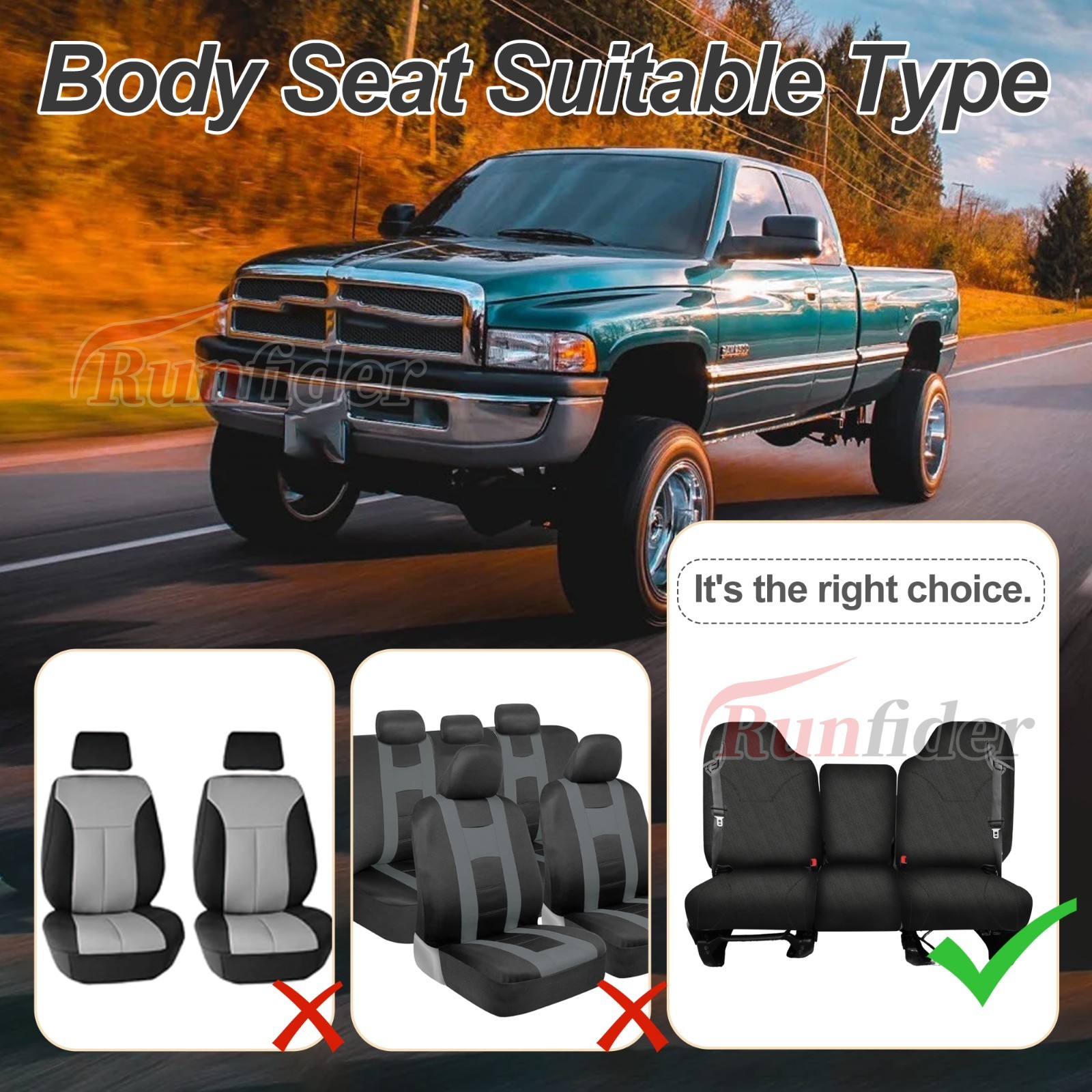 Dodge Ram 1500 2500 3500 1998-02, 40/20/40 Split Bench Seat Cover-Black