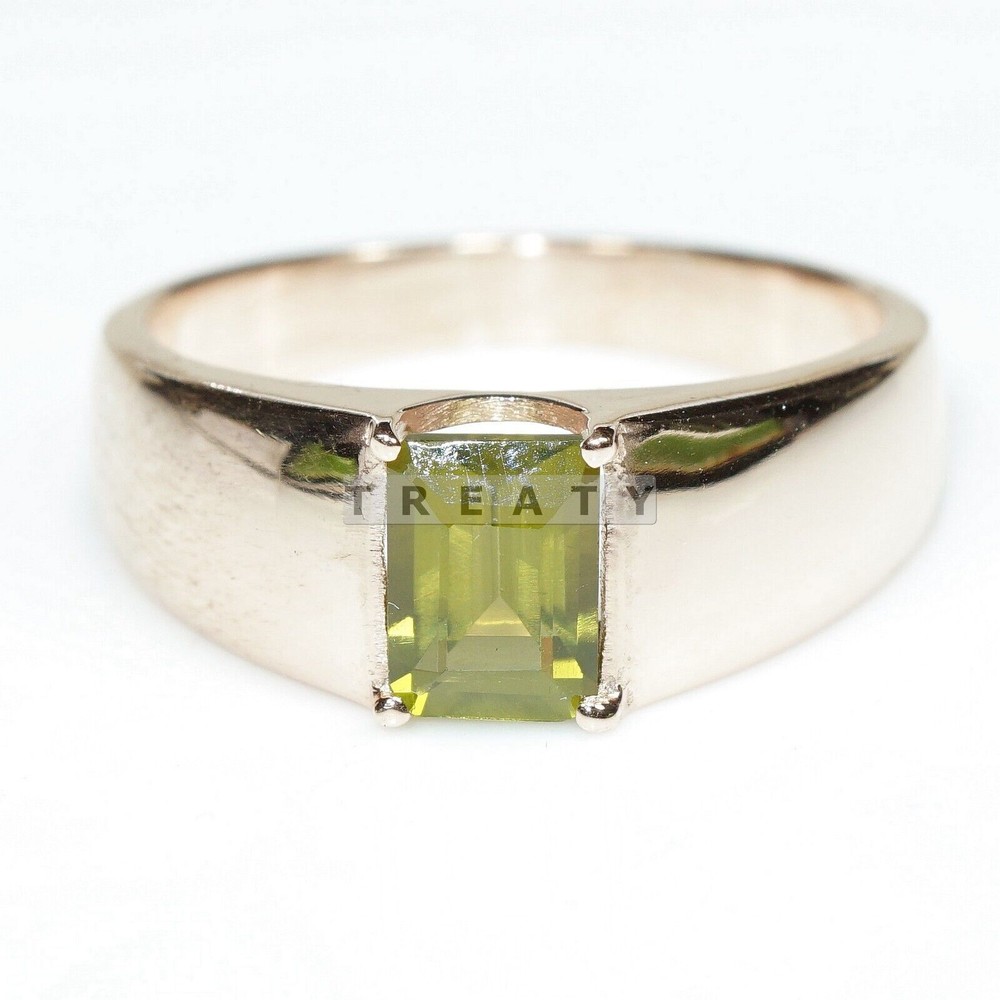 Peridot Emerald Cut With 14K Solid Yellow Gold Ring For Men's #88