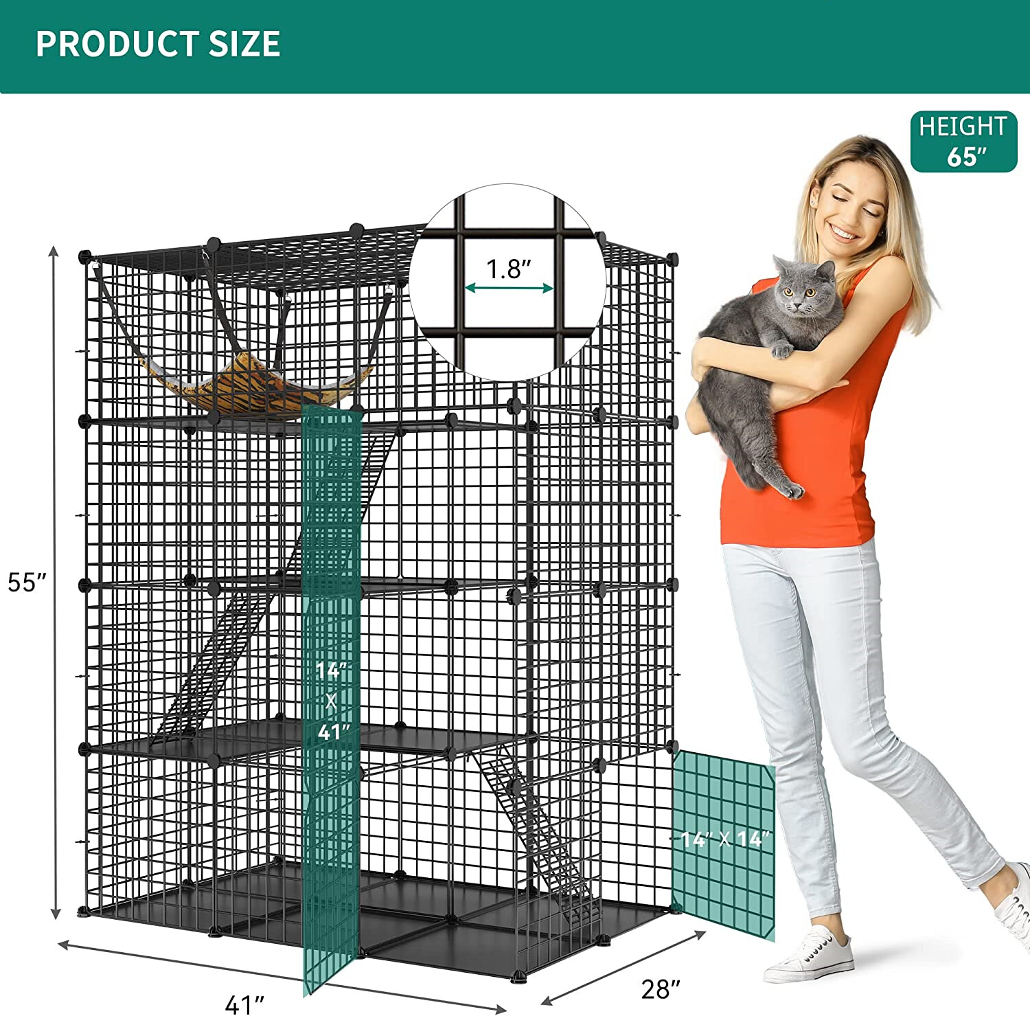 Large Cat Cage Enclosure Metal Wire 4-Tier Kennel DIY Playpen Catio with Hammock