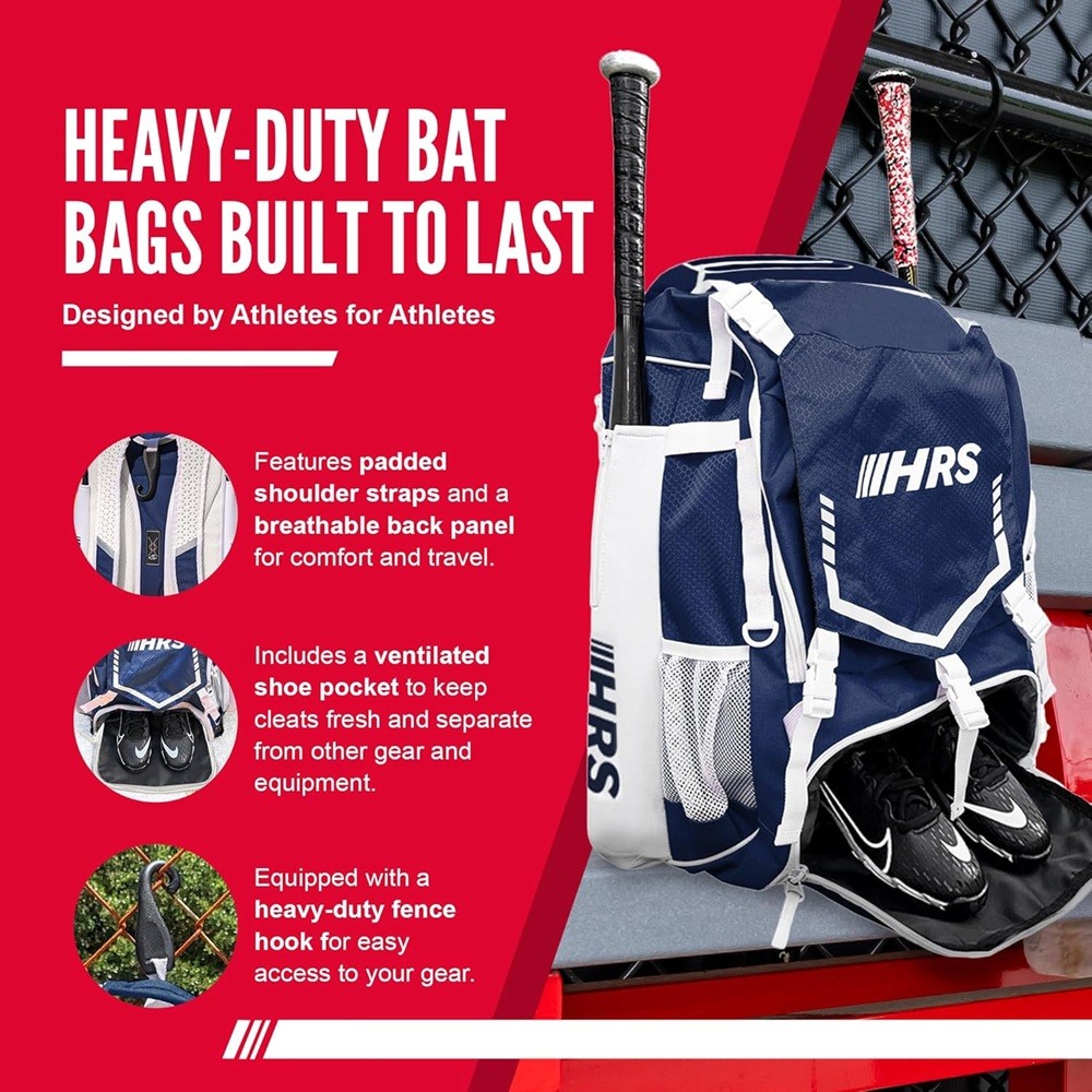 Hit Run Steal Bat Bag Backpack Holds 4 Bats Gloves Helmet and Cleats Navy Blue