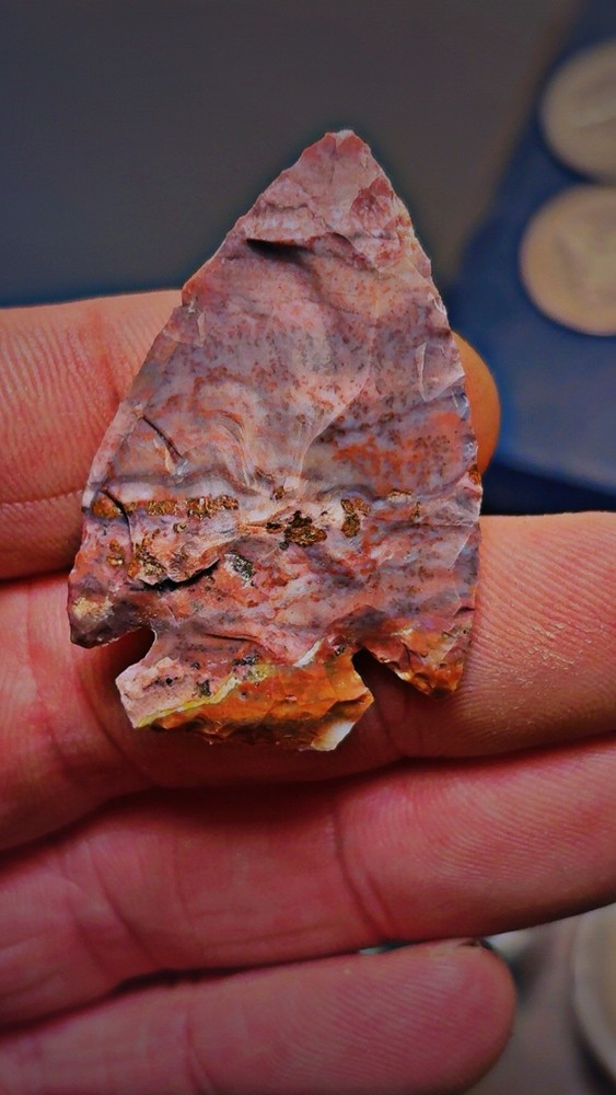 Flintknapped Alibates Flint Corner Notched Arrowhead, Beautiful