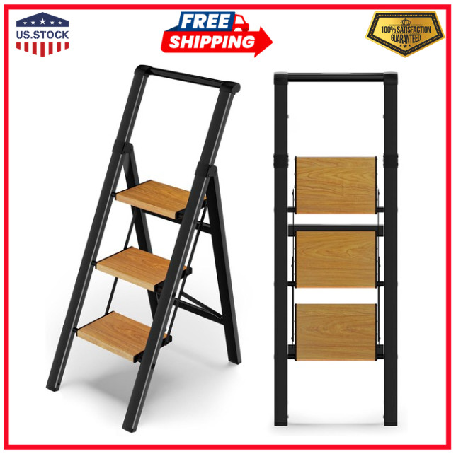 3 Step Ladder Folding Step Stool with Handle, Kitchen Step Stool for Adults, ...