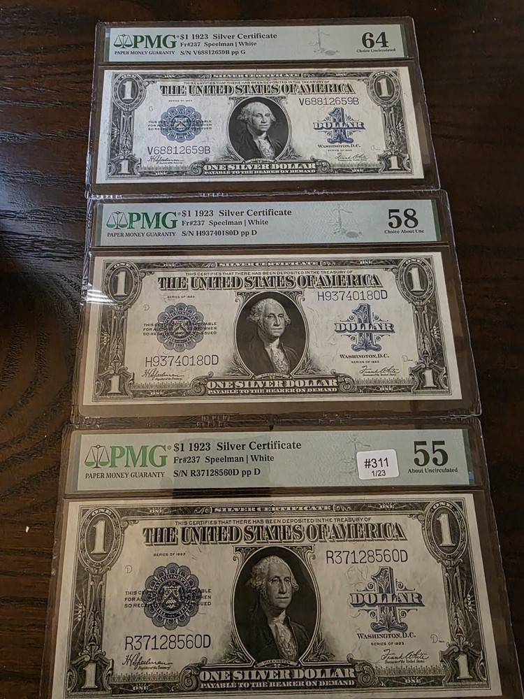 3x - GE PATENT NOTES -1923 US $1 Silver Certificate Fr 237 PMG - See Description