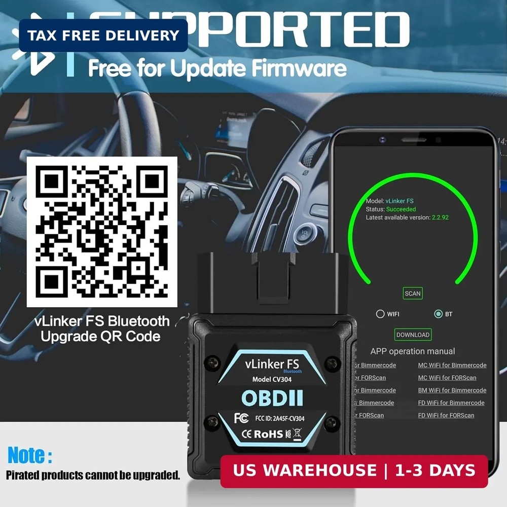 Vgate vLinker FS Bluetooth OBD2 Diagnostic Scan Tool, OBDII Car Code Reader for