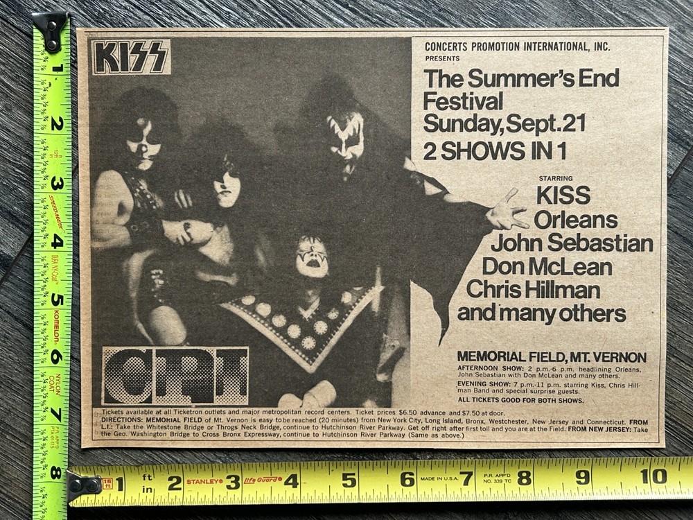 KISS Concert Ad Advert Alive Tour Mt. Vernon NY Sept 21 1975 Vintage Kiss Aucoin
