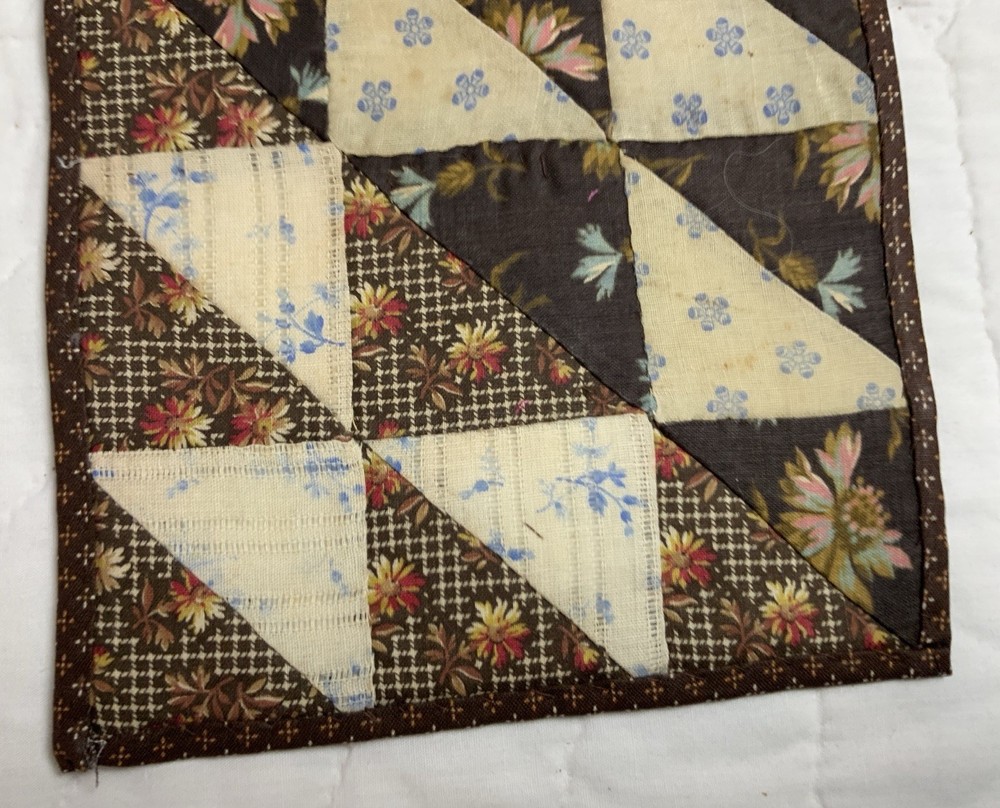 Antique Patchwork Quilt Table Topper, Nine Patch, Triangle, Early Calicos, Brown