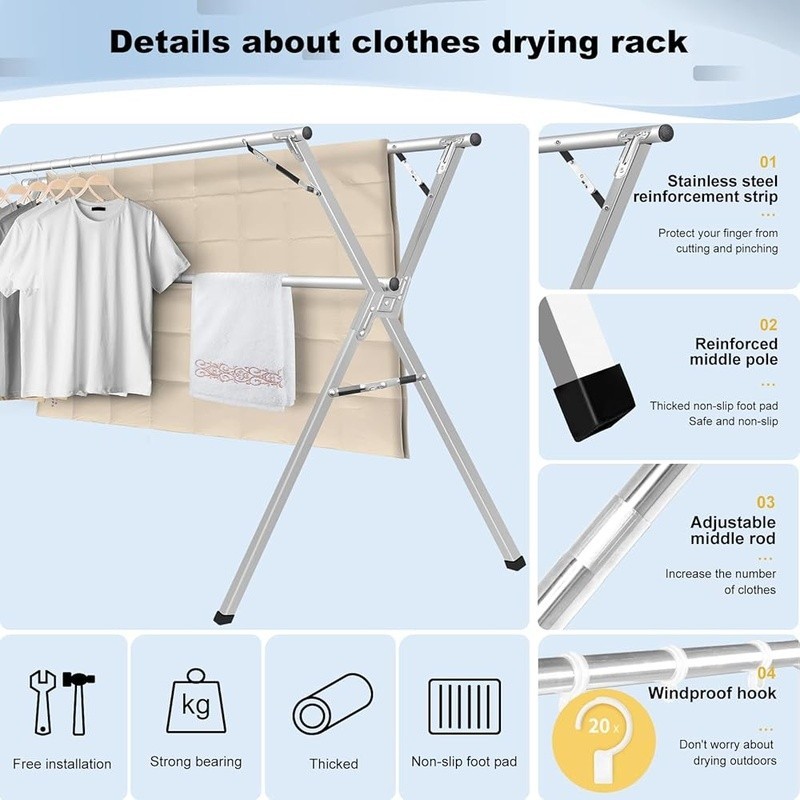 Foldable Stainless Steel Clothes Drying Rack Heavy Duty Adjustable Space Saving