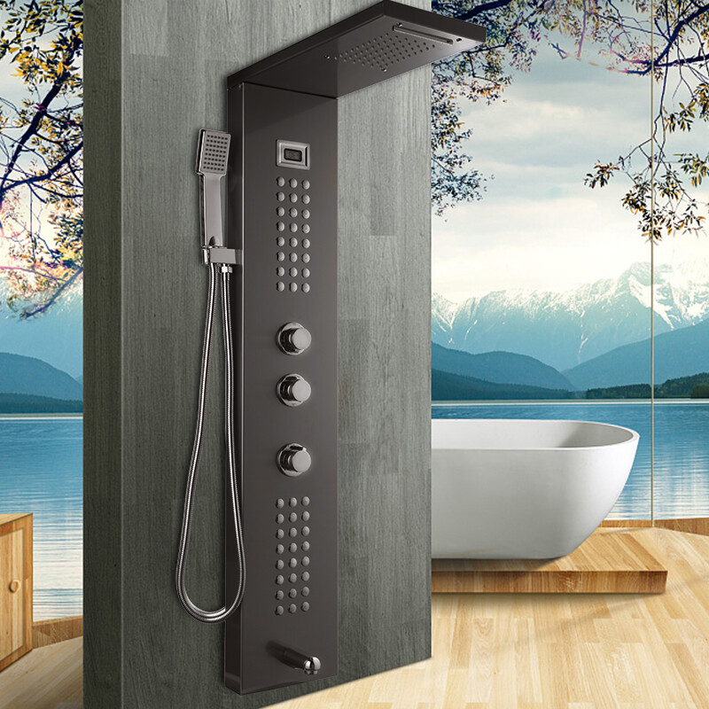 Black Bathroom Rainfall Shower Panel Massage Jets + Hand Sprayer Taps Wall Mount