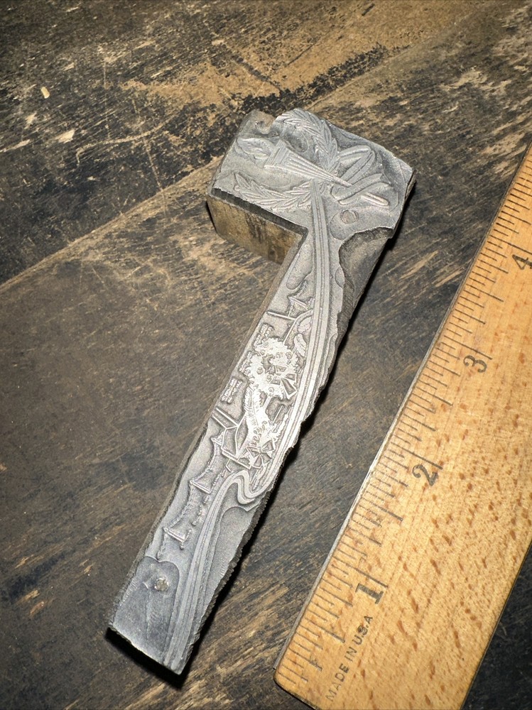 Printing Block “ Corner Edge, Lit Torch & Wreath “ Lead Face, Nice Details!