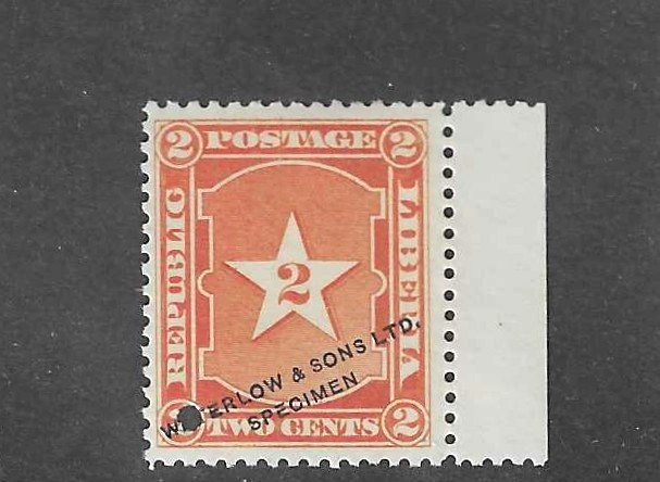 Liberia 1892, 2c star, perf. 12.5 color trial, WATERLOW SPECIMEN overprint #34