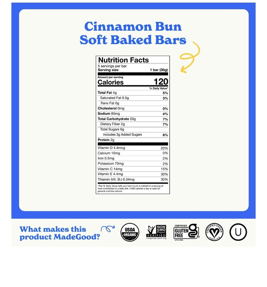 MadeGood Mornings Cinnamon Bun Breakfast Bars, 5 Count Carton