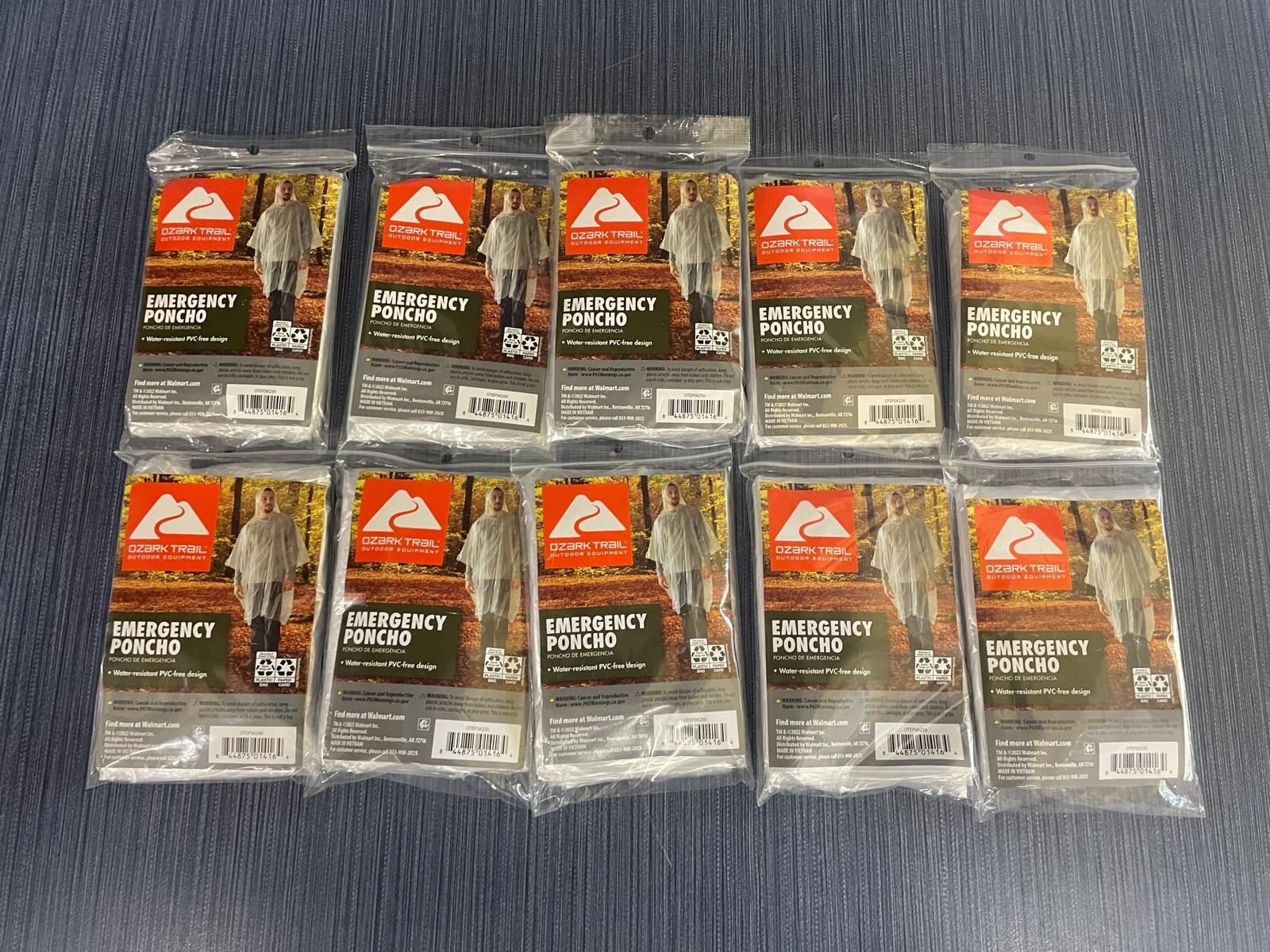 Lot of 10 x Ozark Trail Emergency Poncho Water Resistant PVC-Free Clear