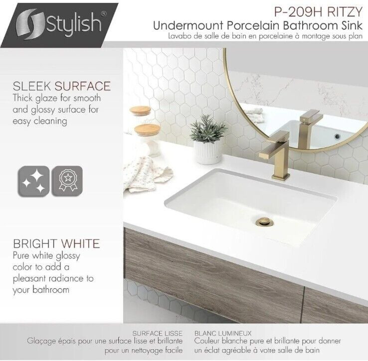 20 inch Porcelain Rectangular Undermount Bathroom Sink with Overflow, P-209H
