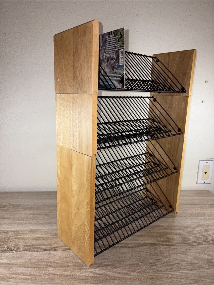 Vintage Black Wire & Wood CD Disc Media Storage Rack 3 Stackable Racks Holds 100