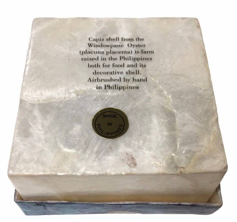 Handpainted Handmade Square Puffin Capiz Shell Box 4"