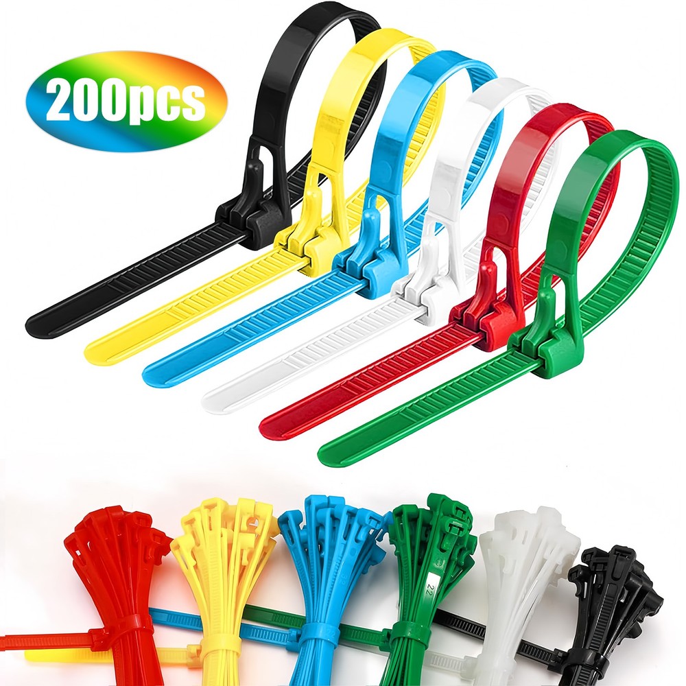 200PCS Reusable Cable Zip Tie Brackets Color-Coded Self-Locking Plastic Fastener