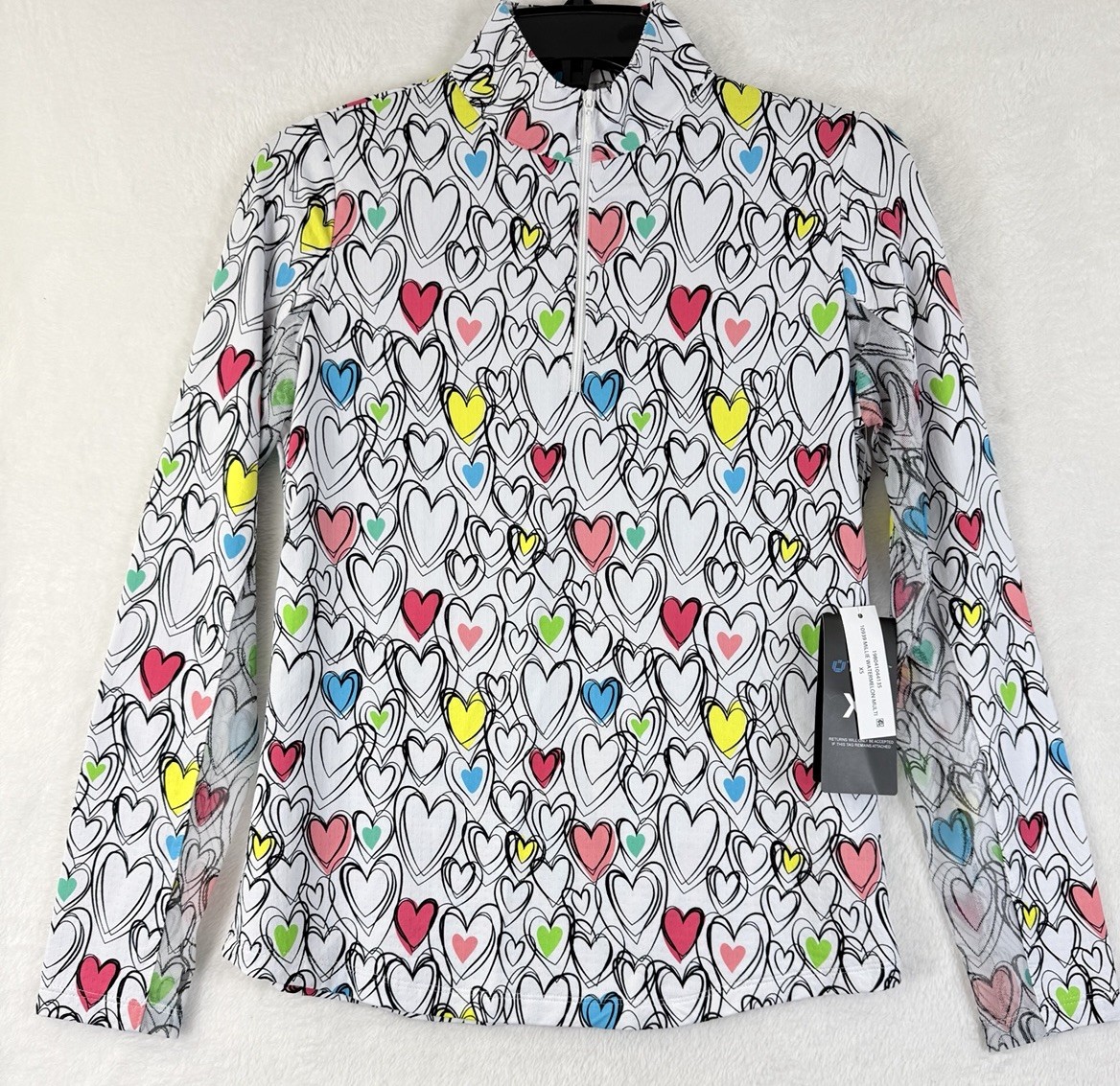 IBKUL Womens Long Sleeve Top XS 1/4 Zip Mock Neck Millie Hearts White Pink Golf