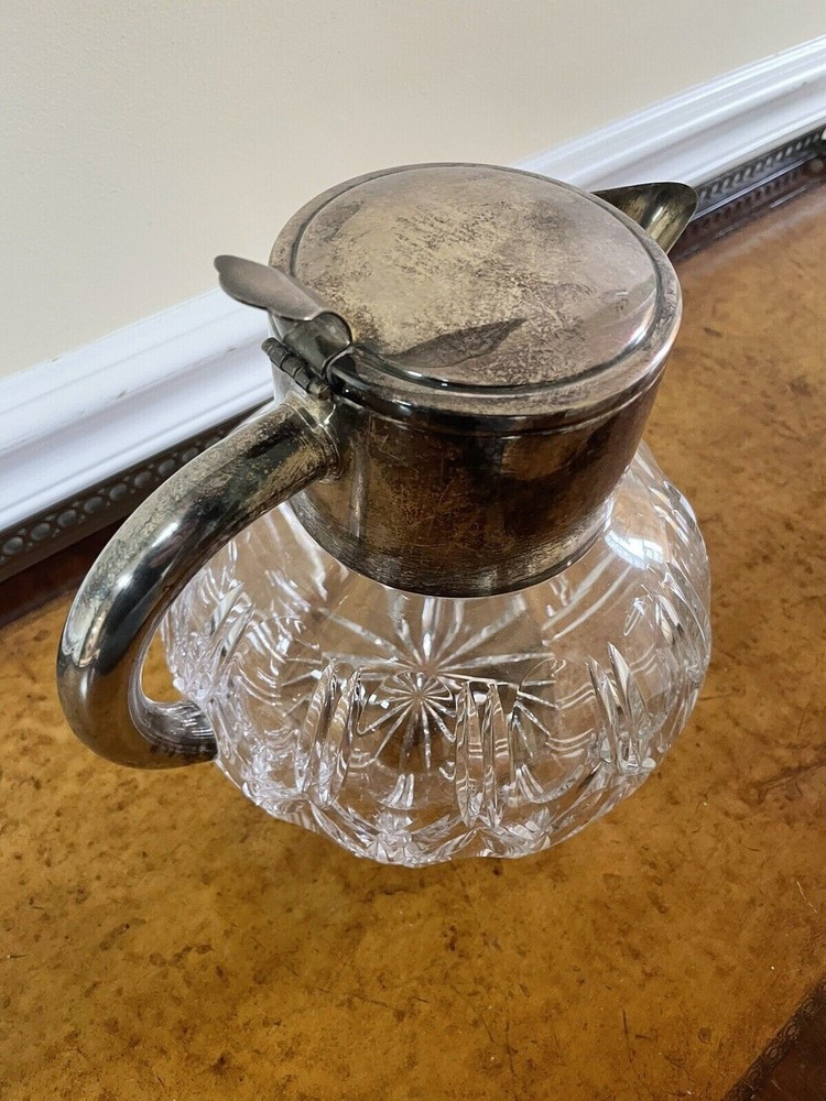 Antique Cut Glass Silver Plate Pitcher 9” Tall
