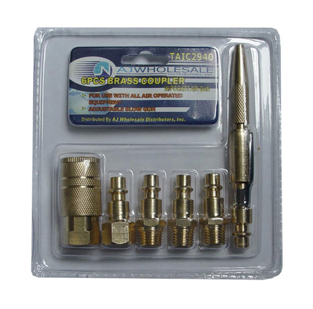 6pc Brass Coupler Set with Solid Brass Adjustable Pocket Air Blow Gun Hand Tool