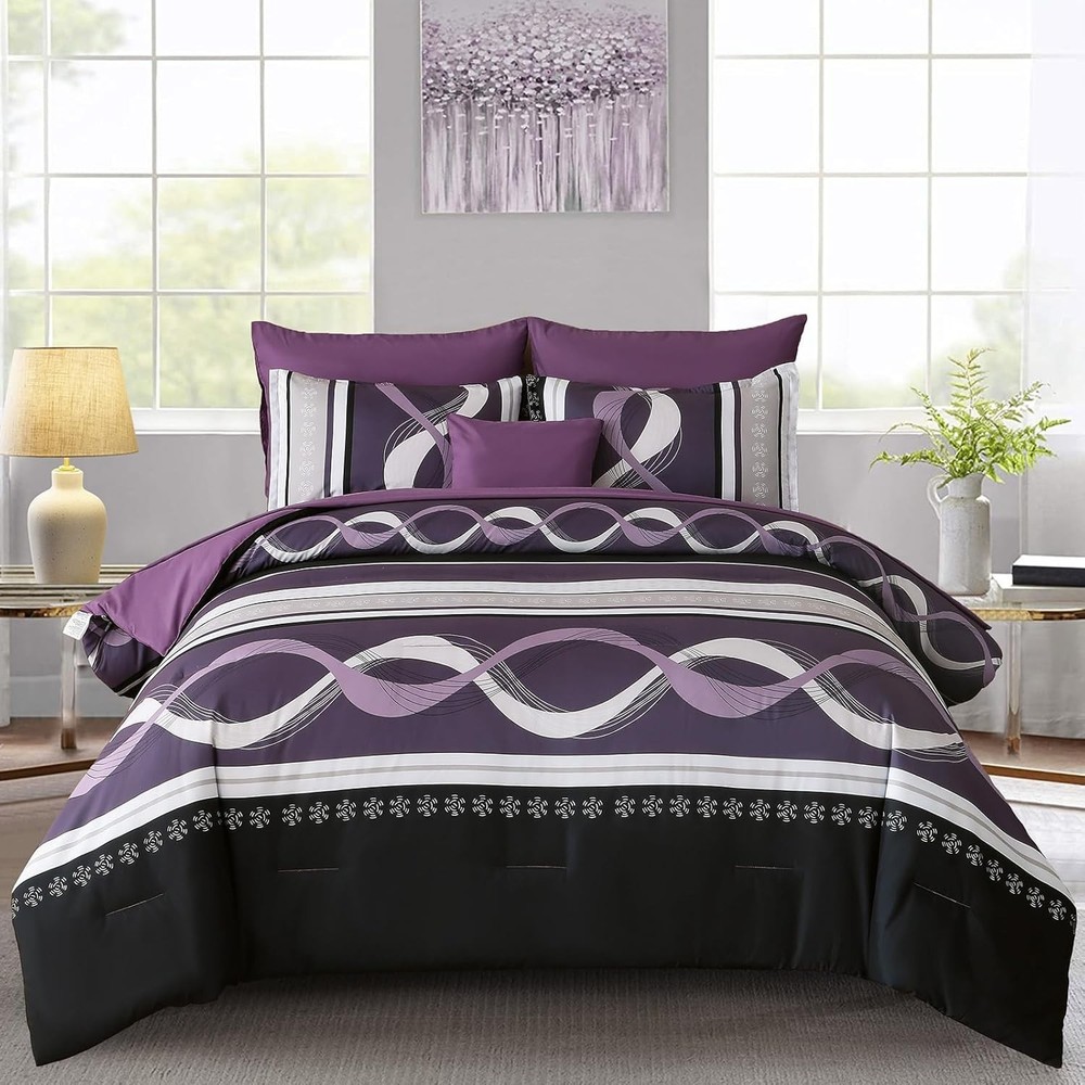 Yellow Comforter Set Queen Size,8 Pieces Bed in a Bag Patchwork Striped Bedding