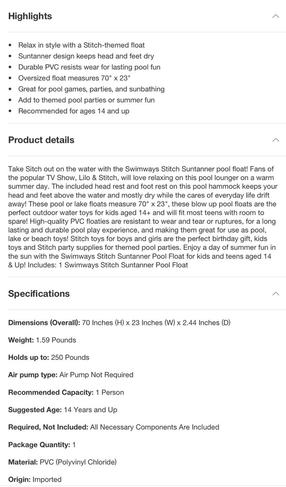 🪼 Disney Stitch Suntanner Pool Float, Inflatable Pool Floats 🆕