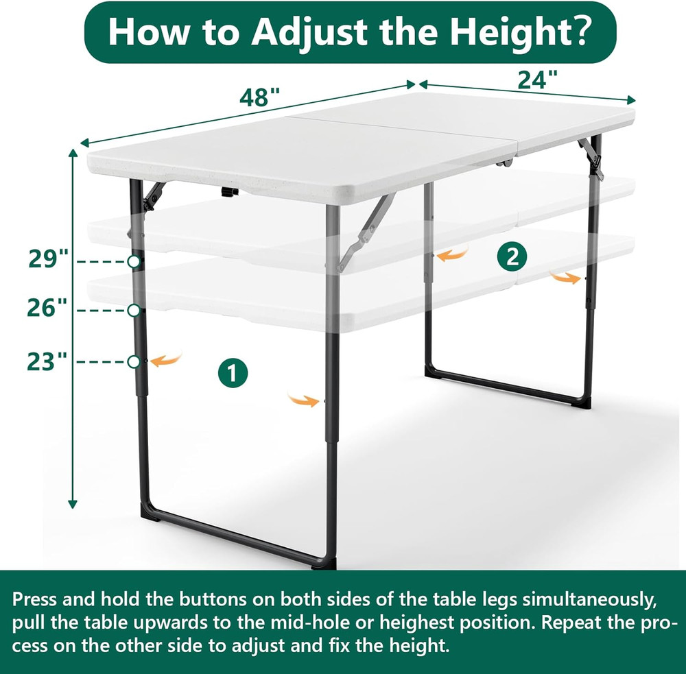 Folding Table 4ft - Heavy Duty Fold-in-Half Plastic Table with Adjustable Height