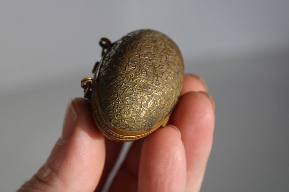 Antique 19th Century Painted Brass Egg Chatelaine Thimble Case w/ (2) Thimbles