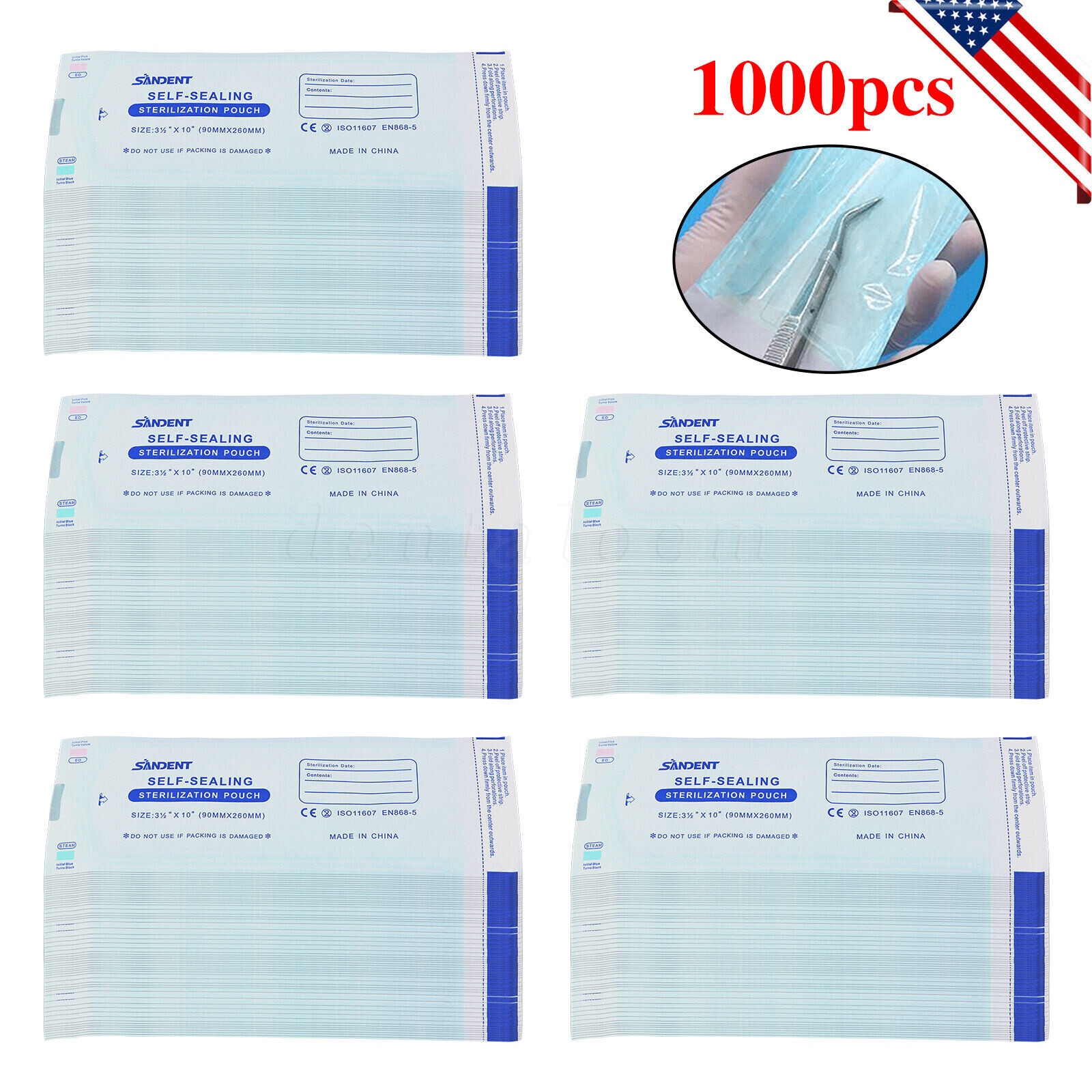 1000 3.5" x 10" Dental Sterilization Pouches Sterilizer Autoclave Bags Tool Nail