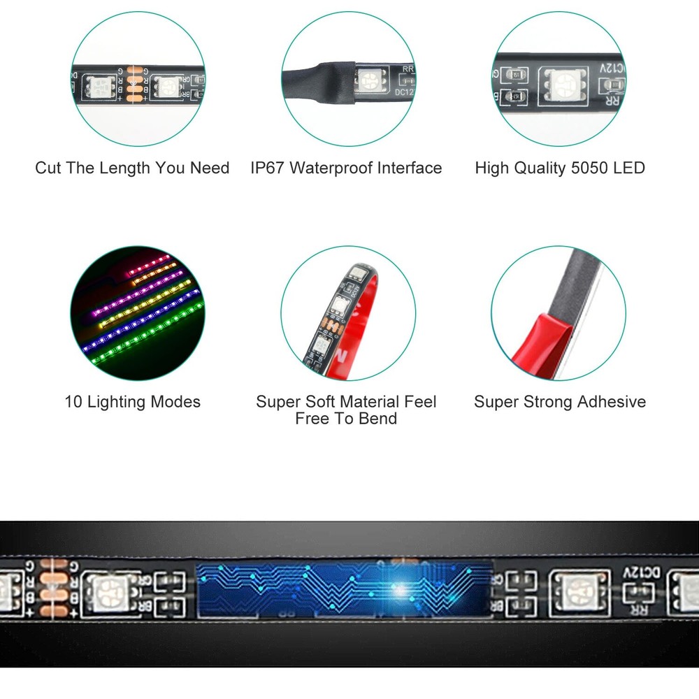 6Pcs RGB LED Light Strips Kit For Motorcycle Car Multi-Color Remote Controller