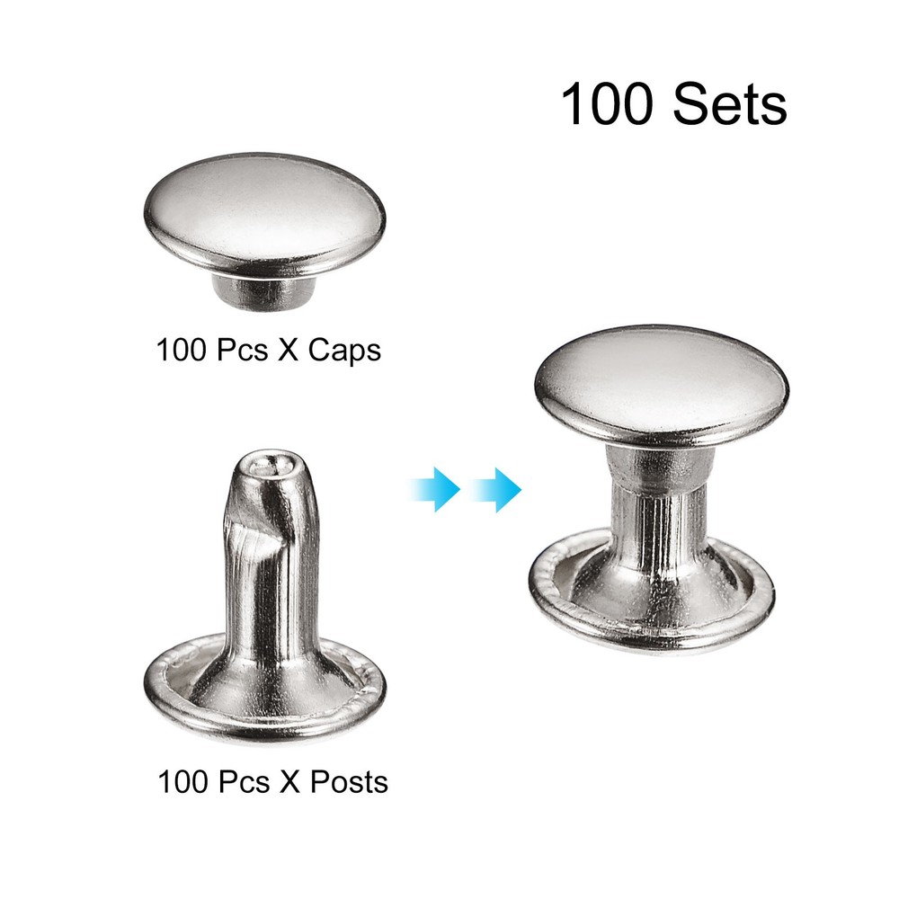 100 Sets Leather Rivets, 8mm Double Cap Rivets 8mm Height, Silver Tone