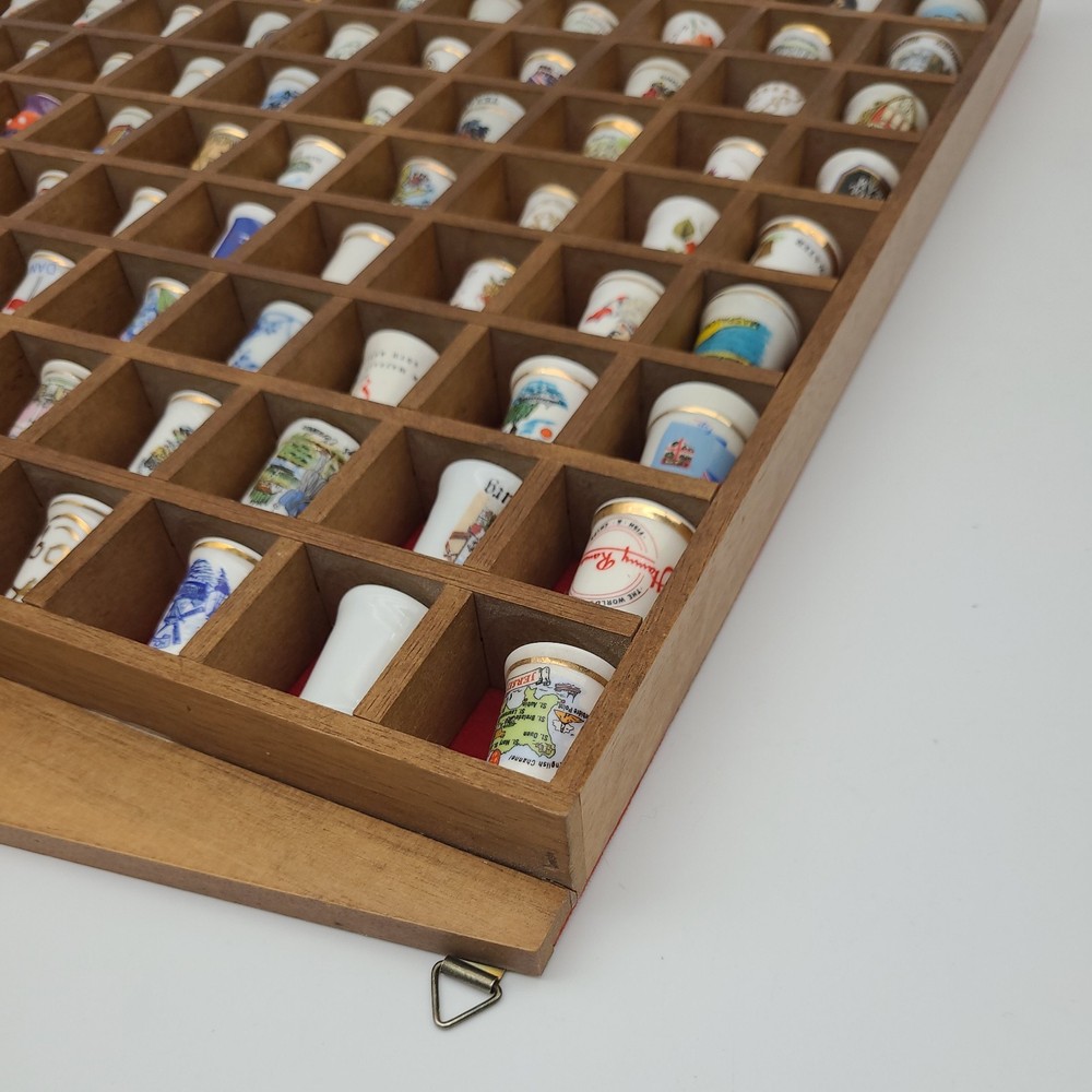 Vintage Thimble Display Case with 100 Mixed Various Thimbles Good Condition